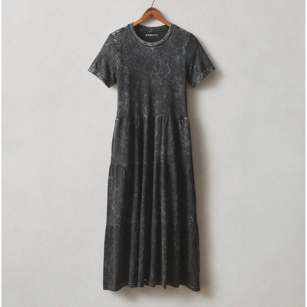 American Giant Womens Premium Slub Tiered Midi Dress Small Black Mineral Wash
